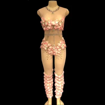 

Sexy Leotard Elastic Rose Flower Jumpsuit Female Crystals Bodysuit DJ DS Performance Clothing Nightclub Singer Stage Costumes