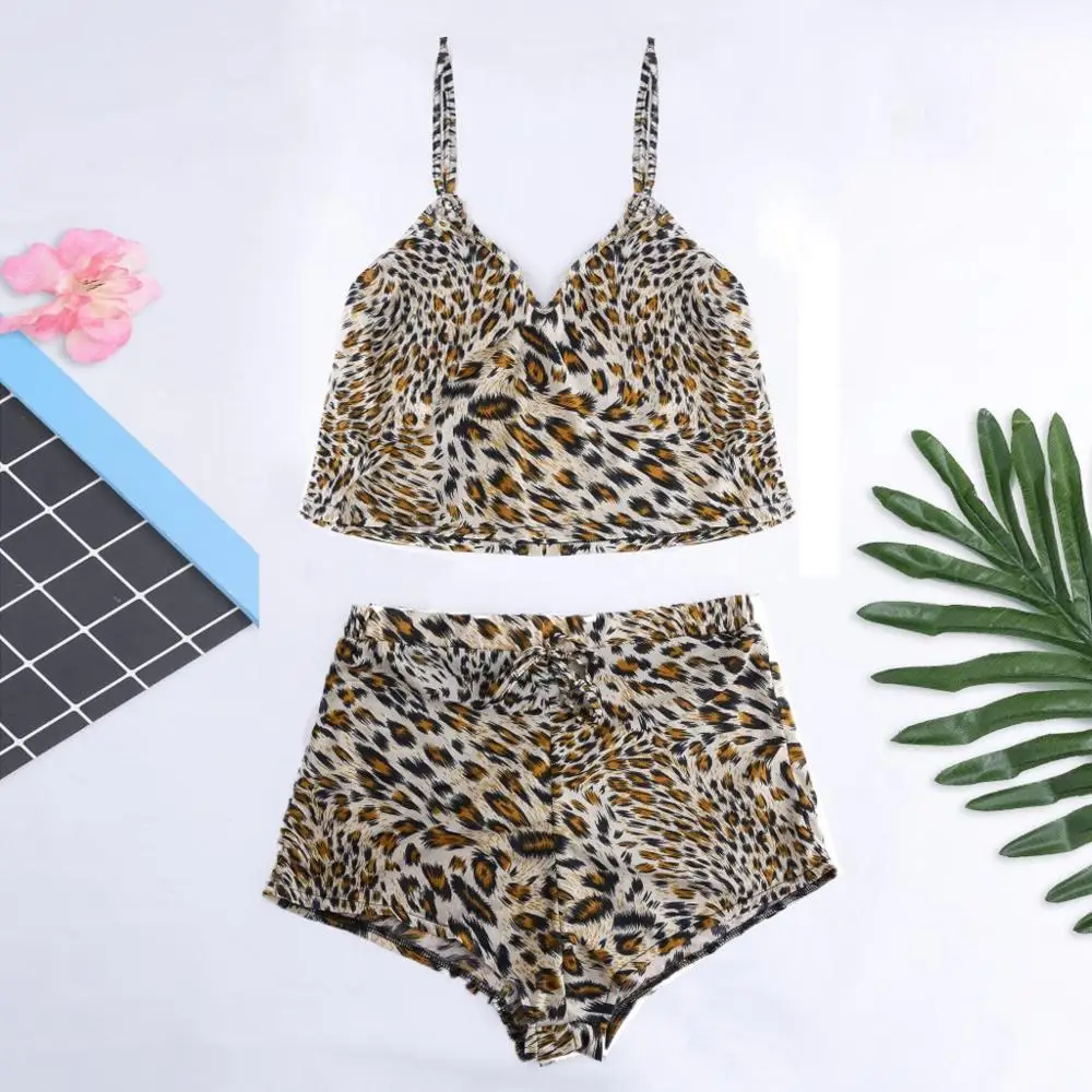

Summer New Women SexyBowKnot Lingerie Leopard Print pajama femme unicorn pajama Camisole Set Seamless Sleepwear home suit Briefs
