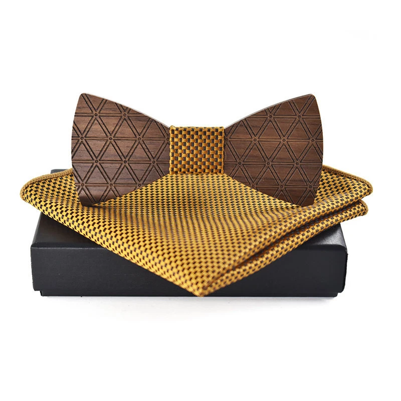  Fashion Wooden Bowtie Handkerchief Set Wedding Business Wood Bowknots Bow Tie for Mens Plaid Printe