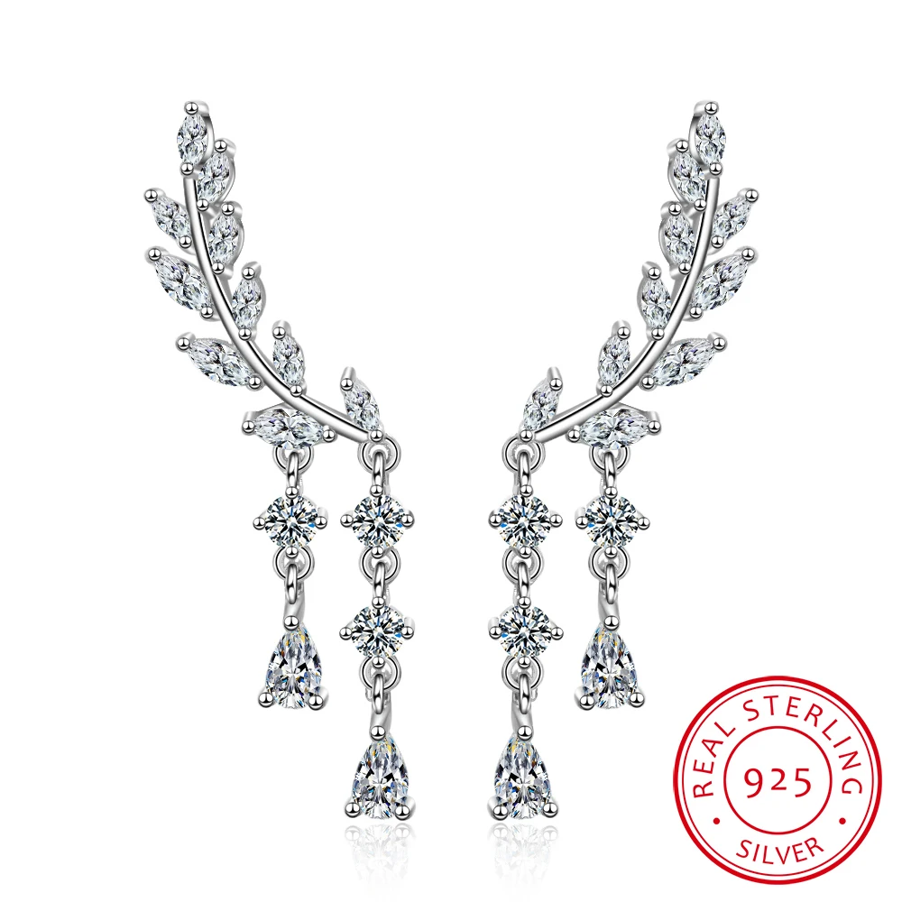 

925 Sterling Silver Earrings Luxury Cz Crystal Earrings Water Drop Long Leaves Aaa Zirconia Earring For Women Wedding Bride Gift