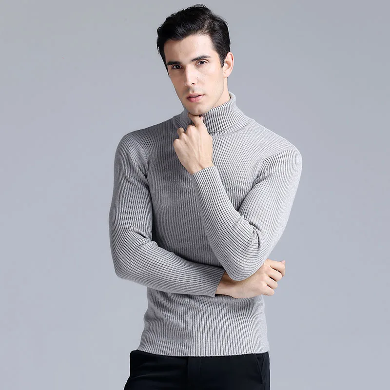 Мужская мода пуловер плотный свитер сплошной цвет тонкий водолазка теплые свитера