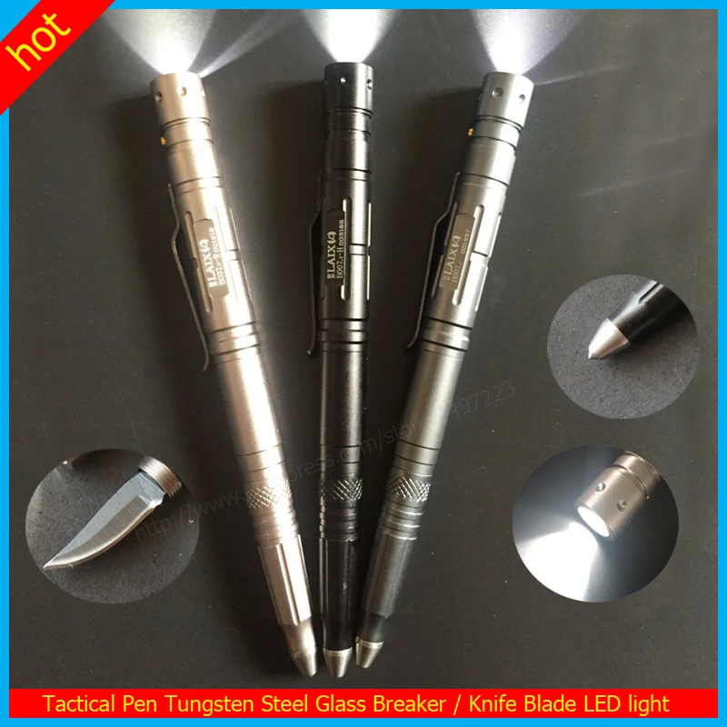 tactical Outdoor Self Defence Tactical Pen EDC Multi-Tool Tungsten Steel Glass Breaker / Knife Blade LED light defense tool pen