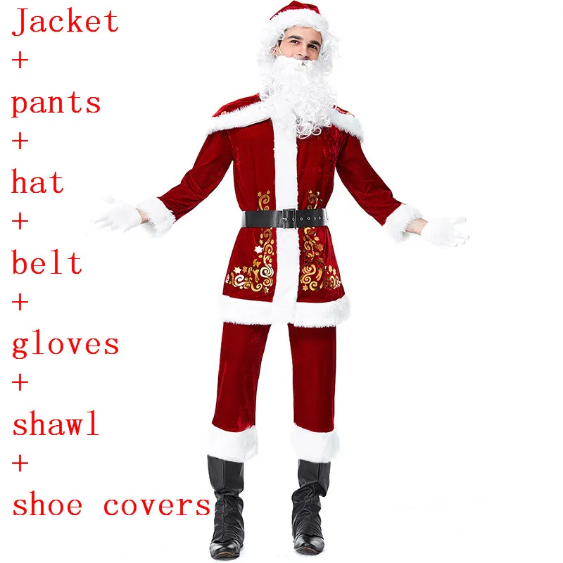 Год Рождество Санта Клаус шапка костюм для косплея платье роскошный бархат белая борода парик Полный комплект взрослых женщин мужчин Рождественская одежда - Цвет: mem