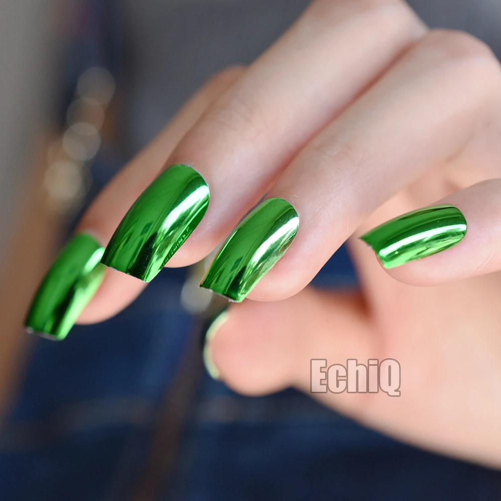 Square Metallic False Nails Green Shiny Acrylic Nail Art Tips Long Square Metallic False Nails Green Shiny Acrylic Nail Art Tips Long Lady Full Wrap Decoration Easy To Use N04 In From Beauty Health On