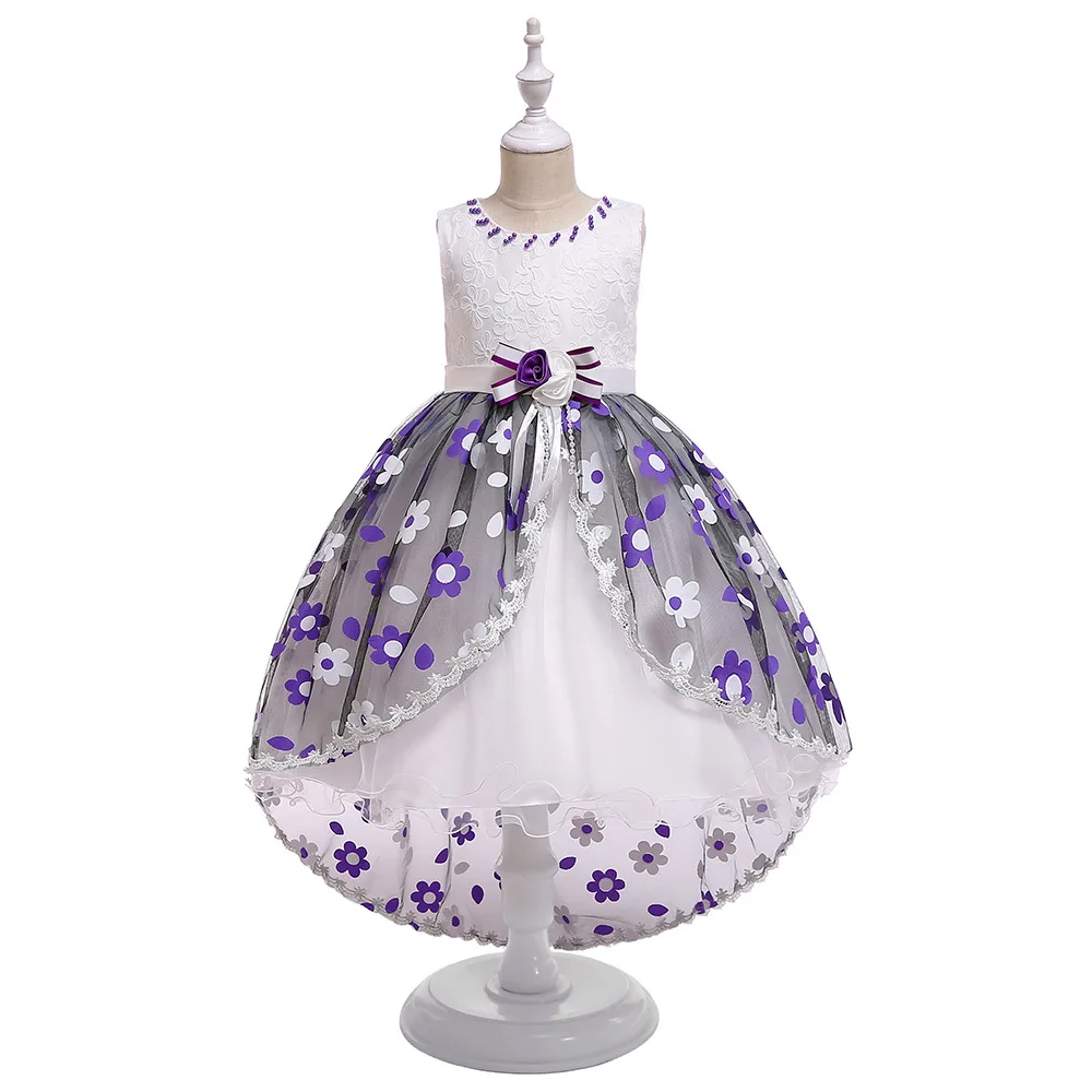

New Bigger Girls Teenagers new tail-tailed dress, Princess Flowers Print dress Beaded Flowers Waist Lace Tulle Party Wedding