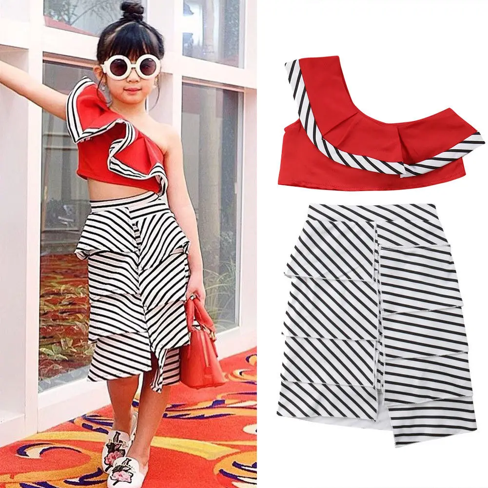 

2pcs Toddler Girl Clothes Kids Baby Girls One Shoulder Tops Stripe Pant Summer Outfits Ruffles Sunsuit Clothes Set For 3-10Y