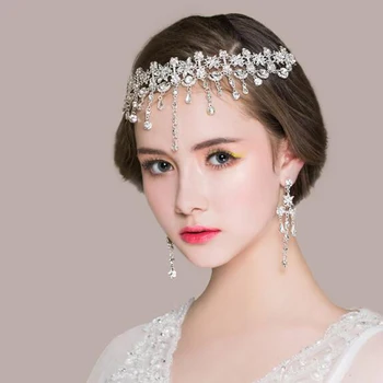 

Fashion Crystal Tassel Necklace Earrings Jewelry Set Wedding Dress Accessories Necklace Forehead Jewelry Bridal Jewelry
