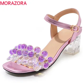 

MORAZORA large size 48 women sandals beading pvc summer shoes buckle crystal heels party shoes solid colors dress shoes woman