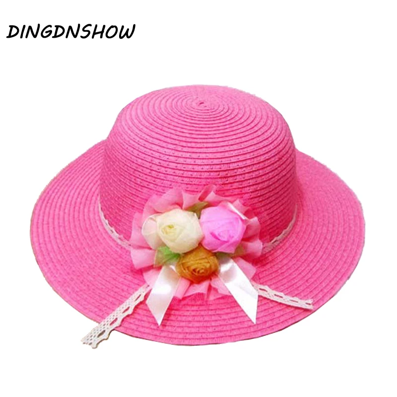 [DINGDNSHOW] 2019 الأزياء قبعة الشمس طفل زهرة شاطئ كاب روز قبعة صيفية لفتاة القش قبعة واسعة حافة الأطفال قبعة