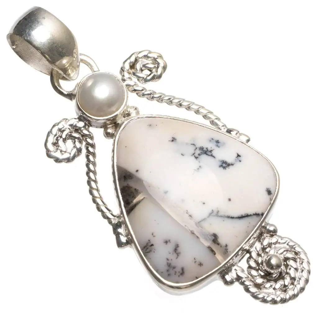 

Natural Dendritic Opal and River Pearl Handmade Unique 925 Sterling Silver Pendant 2" T0023
