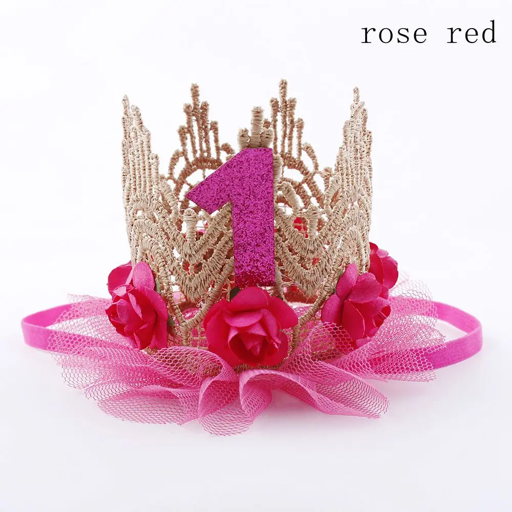 Детская повязка на голову с розами и короной; аксессуары для волос с цветными цветами для принцесс; Детская повязка на голову для дня рождения и фотосессии - Цвет: rose red