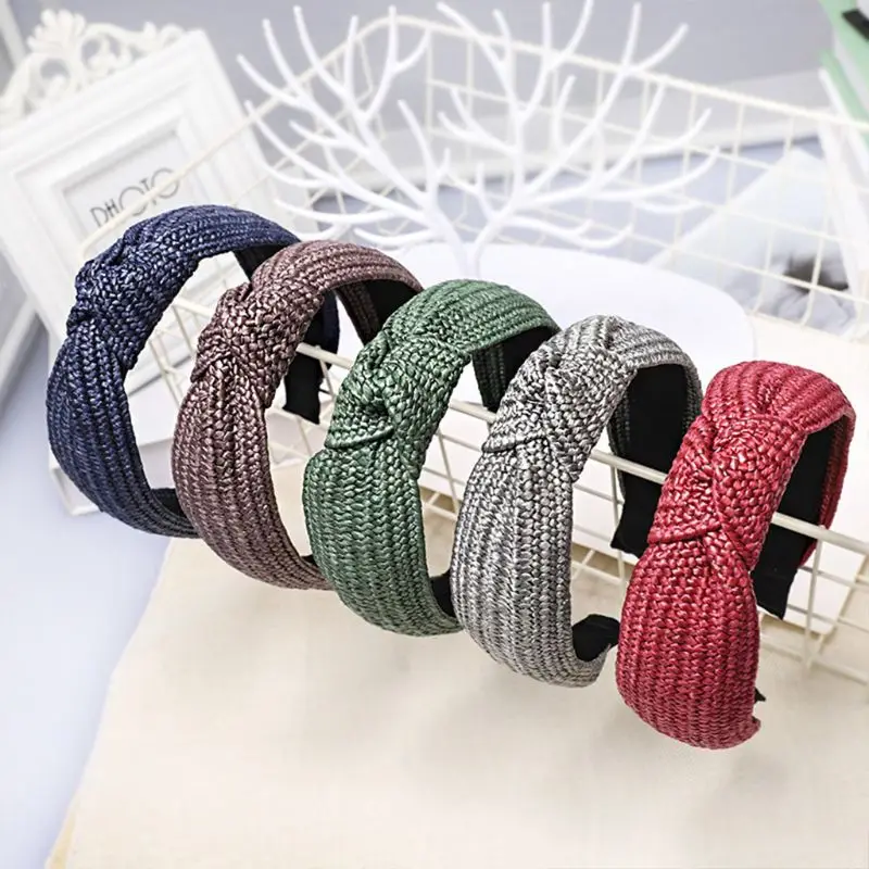 

Korean Vintage Handmade Braided Faux Straw Headband Women Solid Color Wide Hair Hoop Top Handmade Bowknot Hair Styling Accessory
