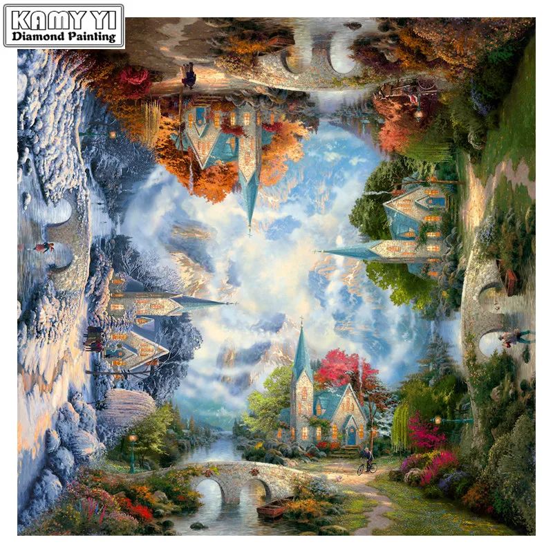 Full Diy Diamond Painting Embroidery Cross Stitch four season villa scenery tree Mosaic Needlework Art Decoration gift | Дом и сад