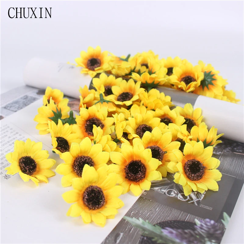 

100pcs/lot 4cm Mini Silk Sunflower Artificial Flowers Head For Wedding Home Decoration DIY Wreath Scrapbooking Fake Flowers