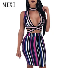 MIXI Striped Two Piece Set Women Dresses Halter V Neck Sexy Club Bodycon Dress Summer Sleeveless Hollow Out Party Bandage Dress chic v neck sleeveless hollow out sequined club dress for women