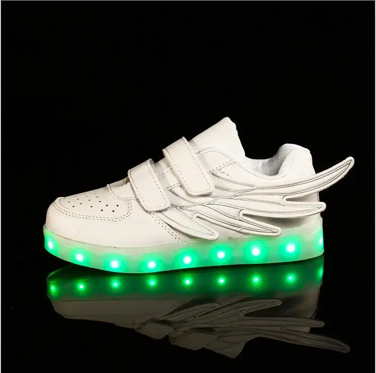 Детская обувь с подсветкой Детская освещения обувь USB зарядка обувь Размер 25-36 мальчики девочки крылья модные кроссовки - Цвет: white