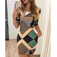 Новинка, модное сексуальное женское платье с геометрическим принтом и цепочкой, облегающее платье, мини-платье с коротким рукавом и круглым вырезом
