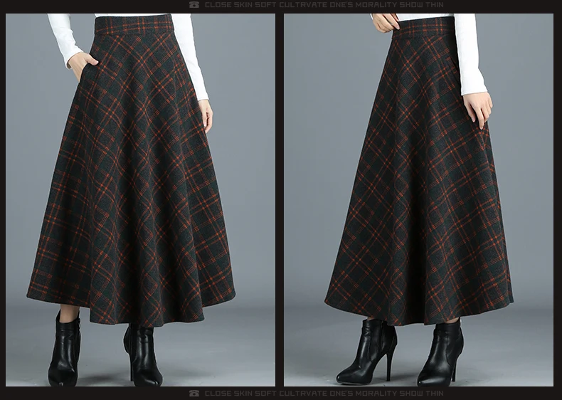 S-4XL New Women's Wool Blends Skirts Winter Autumn Fashion Elegant Printed Plaid Thicken Slim Medium Length Skirt Female