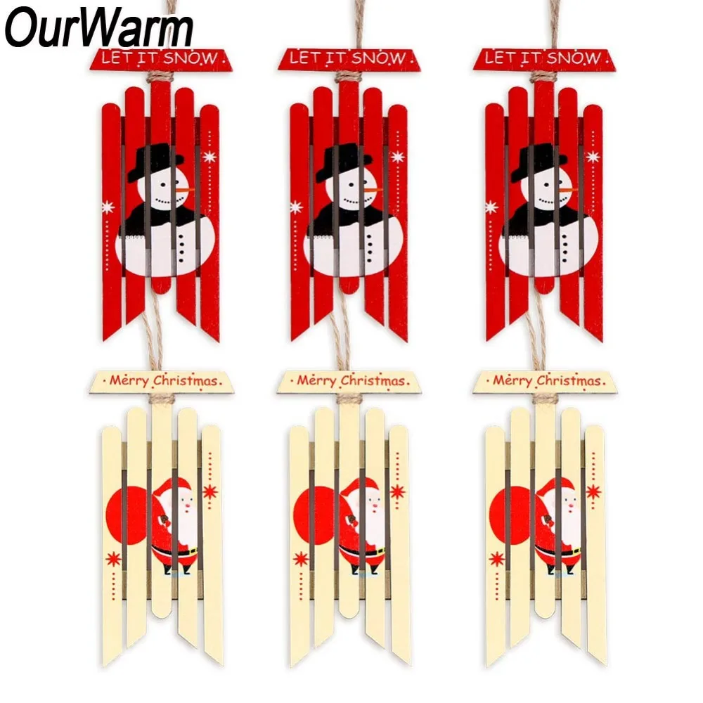 

OurWarm 6Pcs Christmas Tree Ornament Santa Claus Snowman Pattern Wooden Sled New Year Gift Hanging Pendant Home Decor navidad