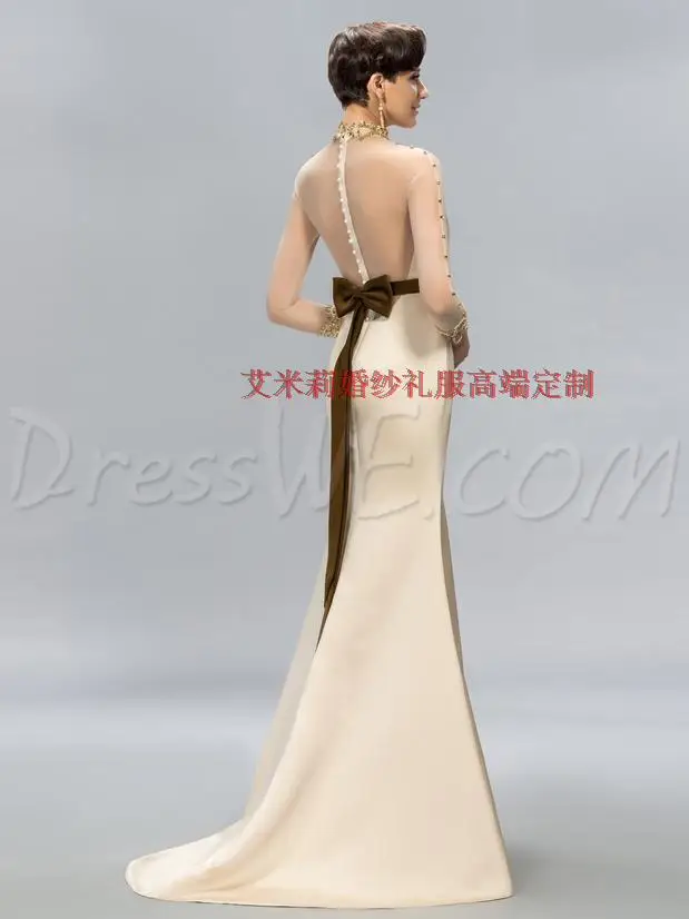 Бисером vestido de festa высокое средства ухода за кожей шеи с длинным рукавом Кнопка Лук Вечернее платье для выпускного вечера robe de soiree мА
