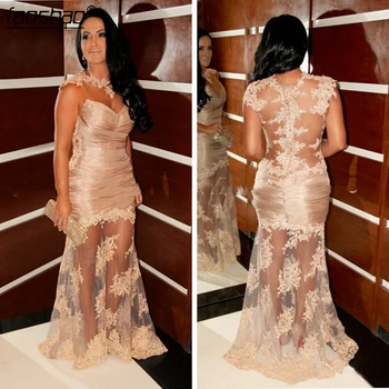 

Sheer Shoulder Lace Appliques Mermaid Evening Dress See Through Champagne Ladies Sexy Special Occasion Party Gowns Zipper