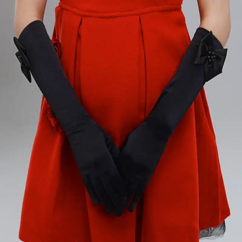 Специальное предложение года для девочек, ограниченное предложение, эластичные атласные перчатки с длинным рукавом для девочек, перчатки для стрельбы из лука, детские цветочные перчатки для девочек - Цвет: black M 4 to 7years
