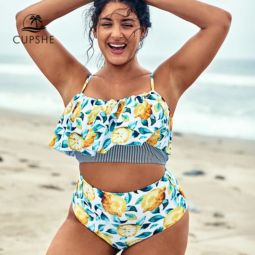 Günstig CUPSHE Plus Größe Blatt Und Zitrone Gedruckt Tank Bikini Tankini Frau Zwei Stück Badeanzüge 2020 Mädchen Strand Badeanzüge Bademode
