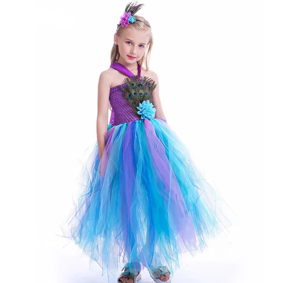 Pretty Peacock Feather Girls Flower Tutu Dress Wedding Birthday Party Halloween Purim Costume Kids Carnival Tutu Outfit (8)