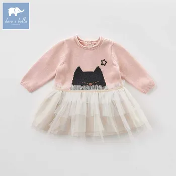 

DB8976 dave bella baby Knitted Dress girls long sleeve autumn dresses kids mesh clothes children birthday party boutique dress