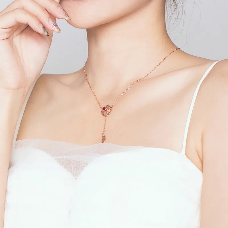 

BISAER Necklace Plant Rose Shape Rose Gold Genuine 925 Sterling Silver Jewelry For Women Cubic Zircon Gift High Quality HVN068