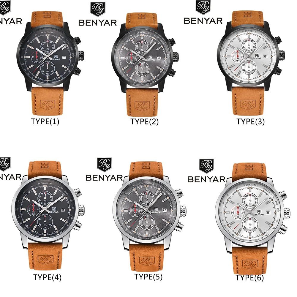 BENYAR часы мужские Топ люксовый бренд хронограф спортивные мужские часы военные кожаные часы кварцевые наручные часы Relogio Masculino 5102