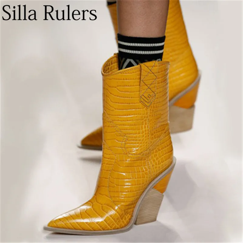 

Silla Rulers 2018 Hot Ladies Chunky Wedges Heel Mid-calf Boots Snake Skin Botas Mujer Pointed Toe Slip On Western Cowboy Boots