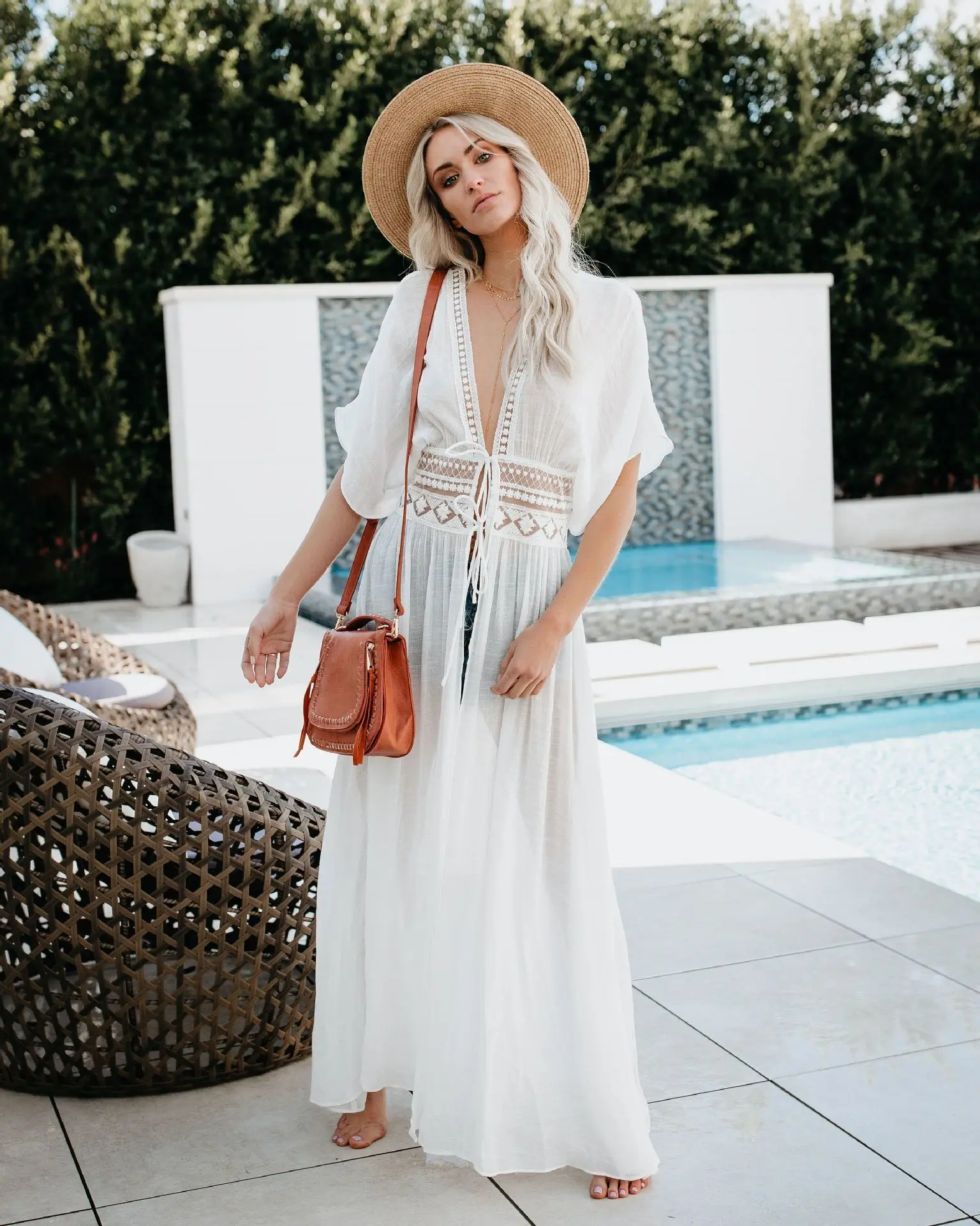 KHALEE YOSE Summer Beach Maxi Dress Holiday Casual Long Boho Dresses Crochet Tie Up Sheer Hippie Gypsy Sexy Chic Dress Women