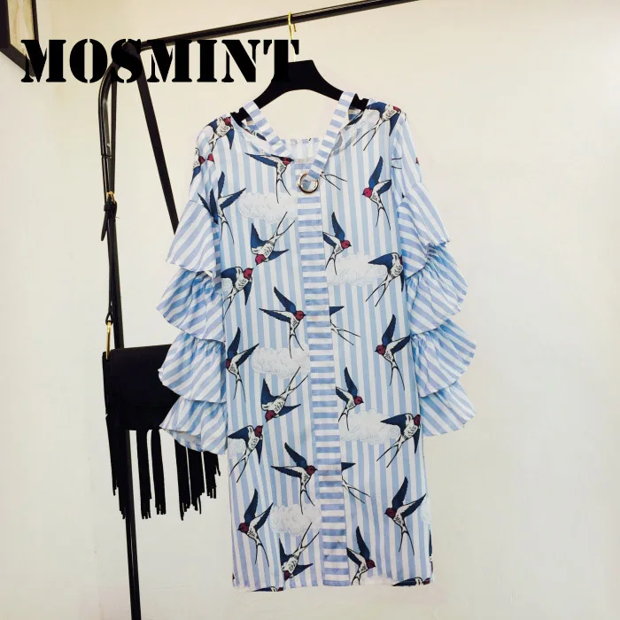 MOSMINT Swallow Birds Ruffles Flare Sleeve Stripes Short Dress Women 2017 Autumn Vintage Fashion Loose Mini Female Tops | Женская одежда
