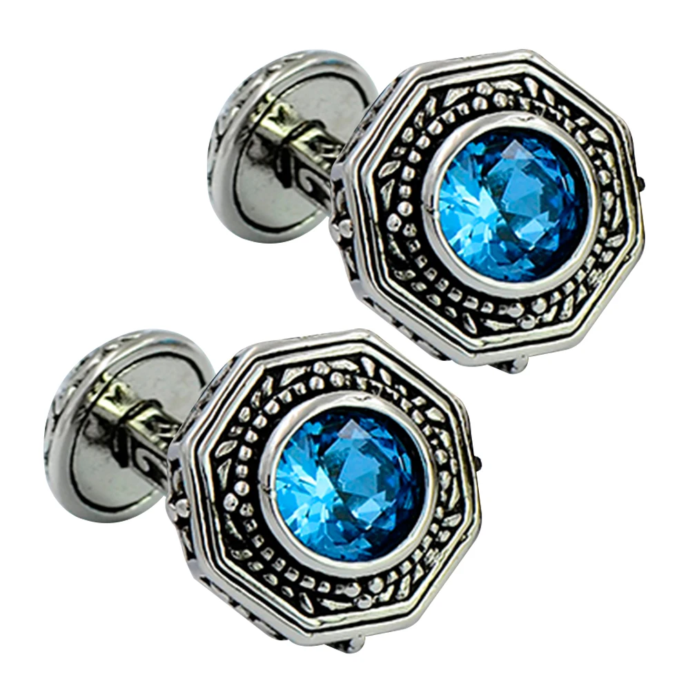 Blue and pink crystal octagon cufflinks engraved double sided brass plated white steel art deco | Украшения и аксессуары