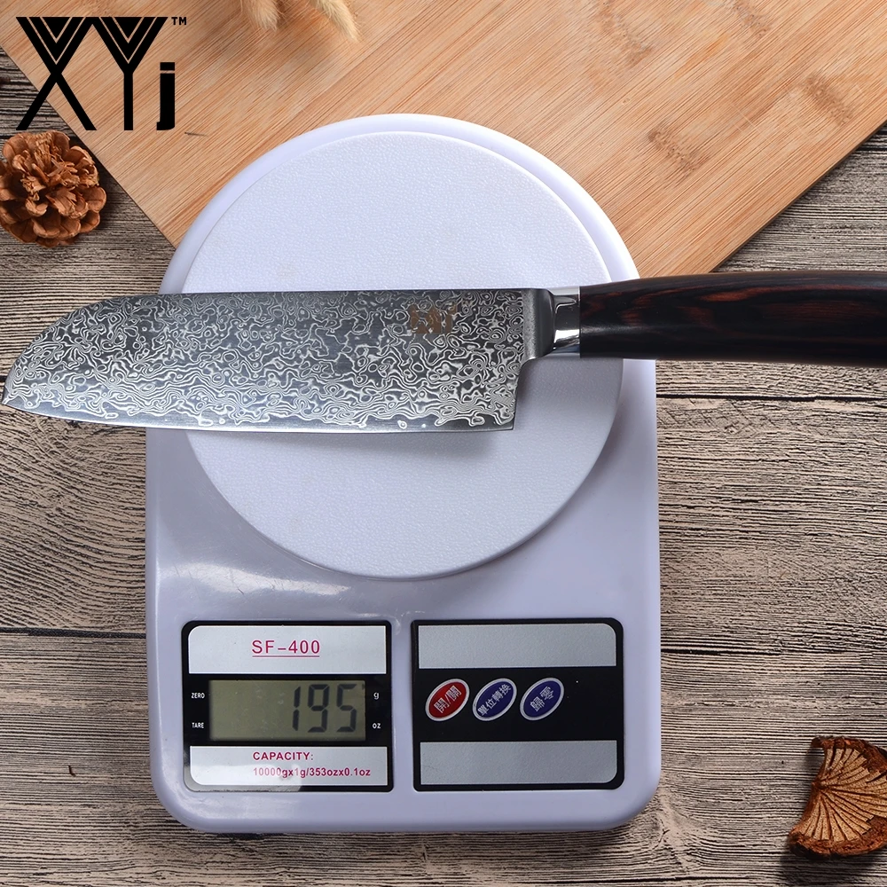 XYj 7 дюймов Santoku дамасский стальной нож VG10 острое лезвие цветной нож с деревянной ручкой крышка 73 слоя японский стиль