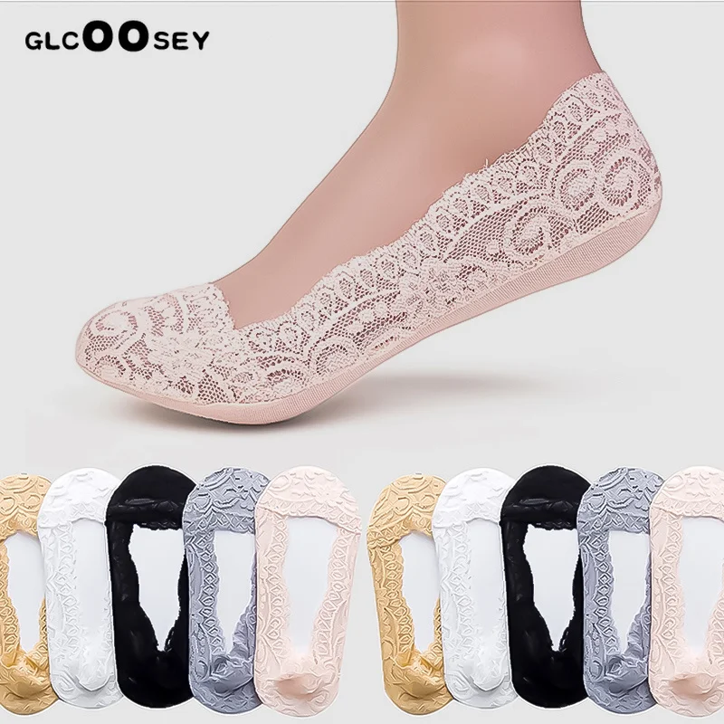 

Summer Women Silica Gel Lace Boat Socks 5 Pairs Invisible Cotton Sole Non-slip Antiskid Slippers Female Anti-Slip Sock Girls