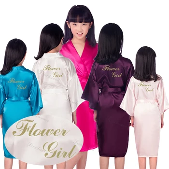 

R20 Satin Short Wedding Robe Flower Girl Kimono Sleepwear Bridal Dressing Gown for Kids