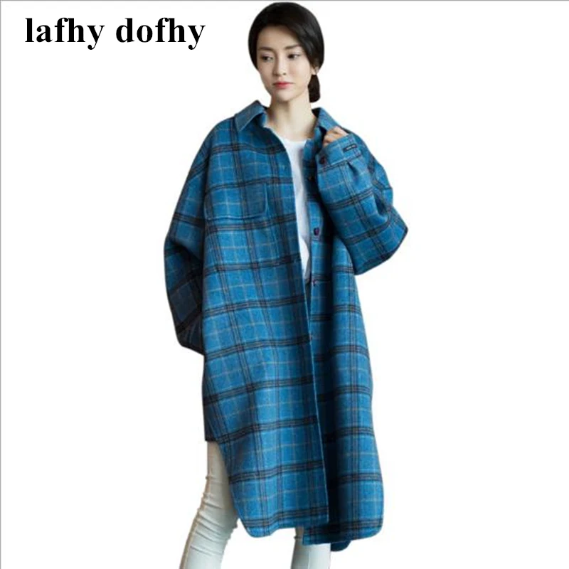 LAFHY DOFHY 2018 новый дизайн двусторонний шерстяное пальто отложной воротник однобортный фасон свободный стиль носит с старинные плед tops118