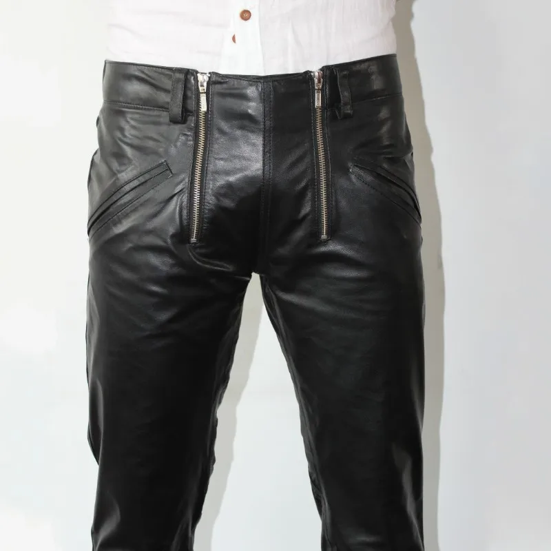 Брендовые модные мужские брюки-карандаш из натуральной овечьей кожи размера плюс Harajuku с двойной молнией дизайнерские мотоциклетные кожаные брюки - Цвет: black