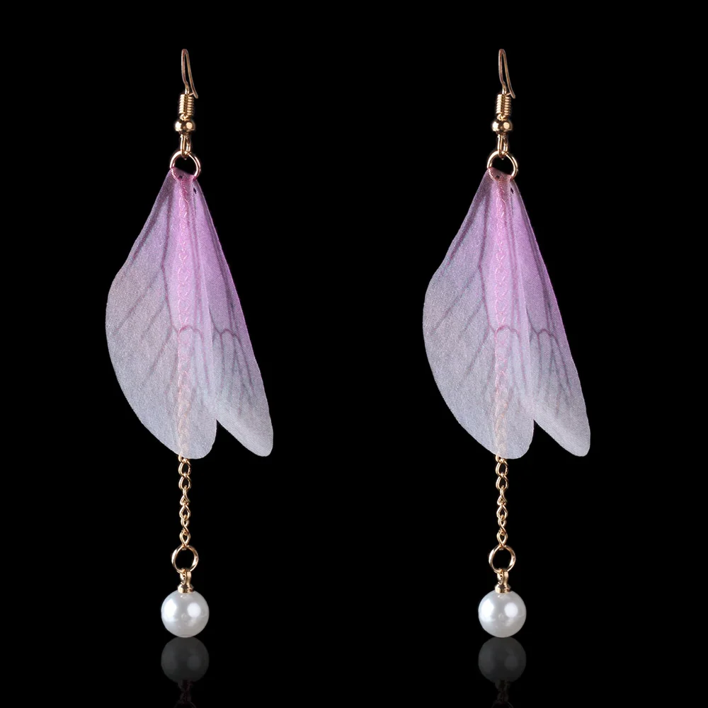 

Sweet Fresh Style Butterfly Wings Feather Earrings For Women Imitation White Pearl Beads Dangle Earing Golden Long Chain Jewelry