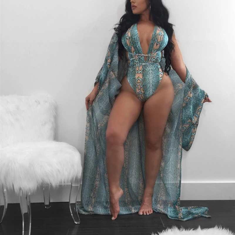 2018 Swimsuit Beach Wear Long Sleeve Cardigan + Snakeskin Print Bikini Deep V Women Summer One-Piece Swimming Suit Biquini1