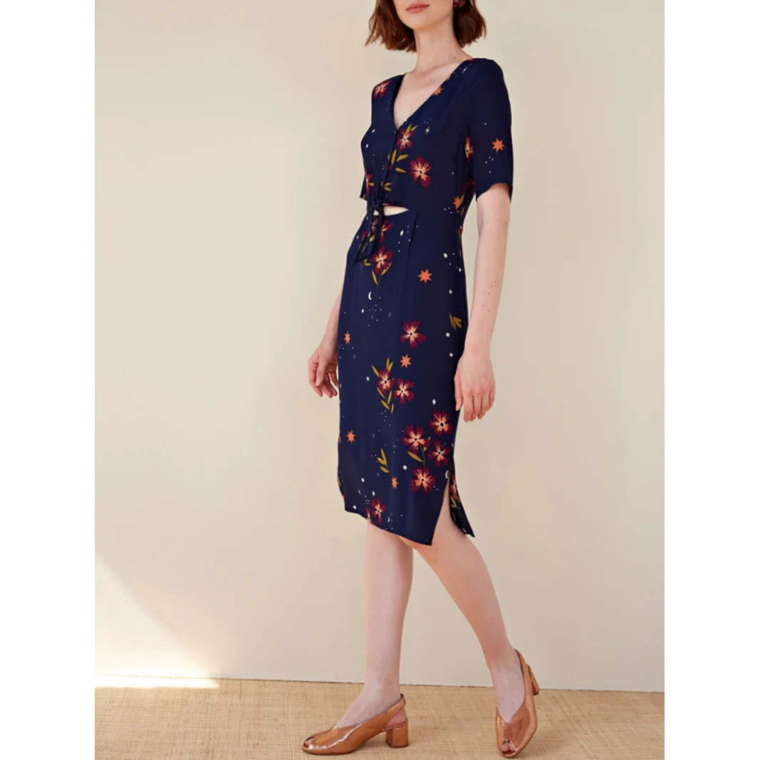

Women Dress 2019 Summer Flower V-neck Long Sleeve Dress