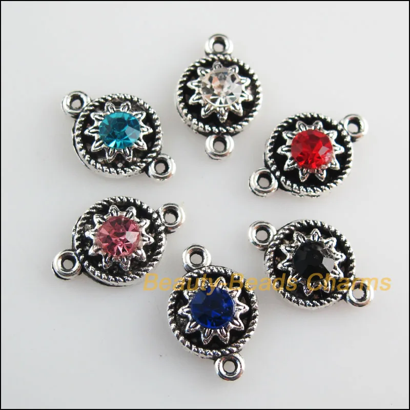 

New 12Pcs Tibetan Silver Tone Mixed Crystal Flower Charms Connectors 9x14mm