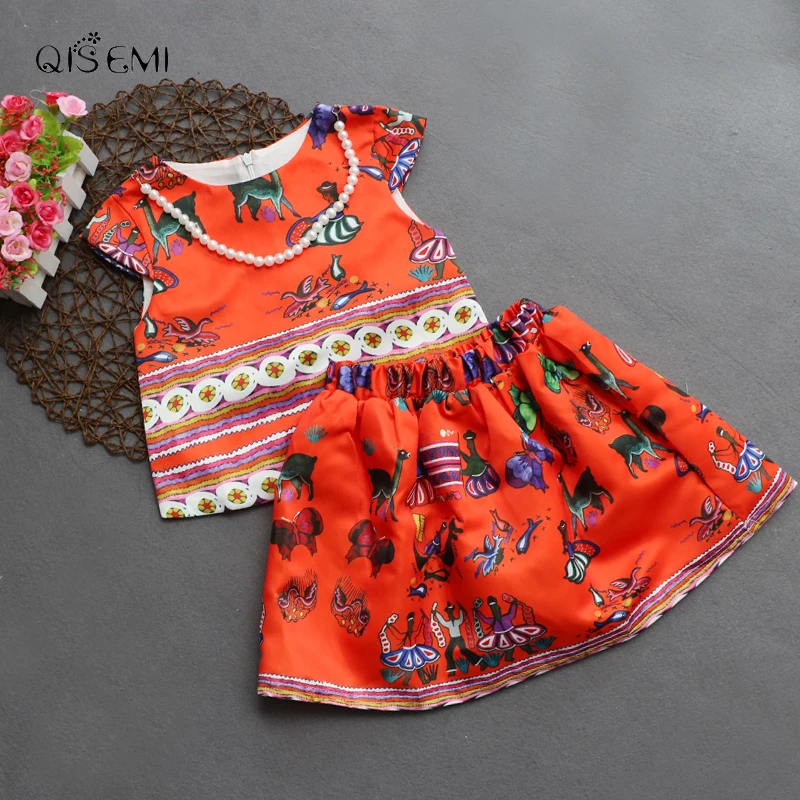 QISEMI Baby Girls Clothes Set Kids Fashion Clothing Summer Costume School Shirt + Shorts 2pcs with necklace | Детская одежда и