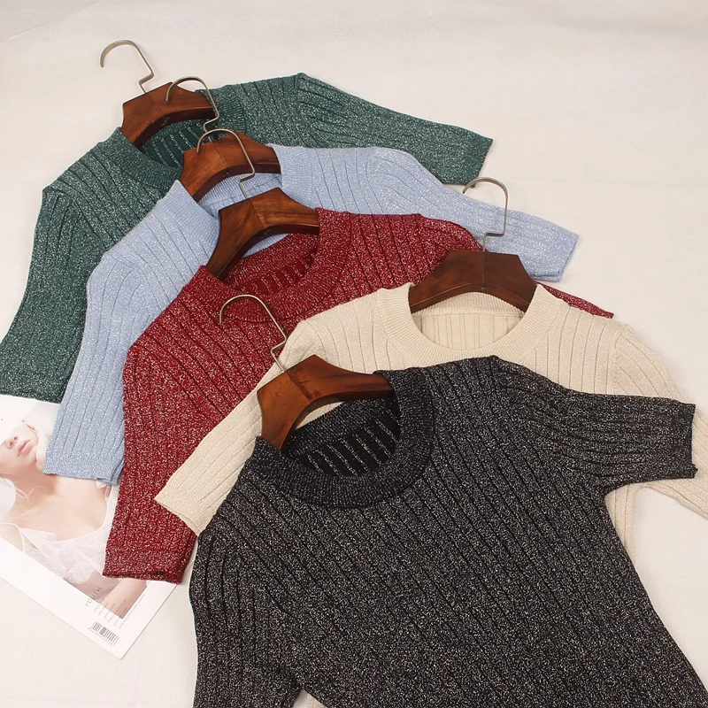 

2019 Spring Summer Knitted Women T Shirt Fashion Lurex Glitter Short Sleeves Top Basic Rib Female Tshirt