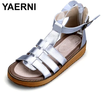 

YAERNIWoman Sandals Shoes2019Summer Style Wedges Flat Sandals Women Fashion Slippers Rome Platform Genuine Leather Plus SizeE880