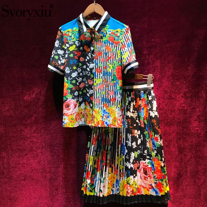 

Svoryxiu Fashion Runway Vintage Stripe Floral Print Skirt Suit Women's High Quality Summer Female Beach Holiday Two Piece Set