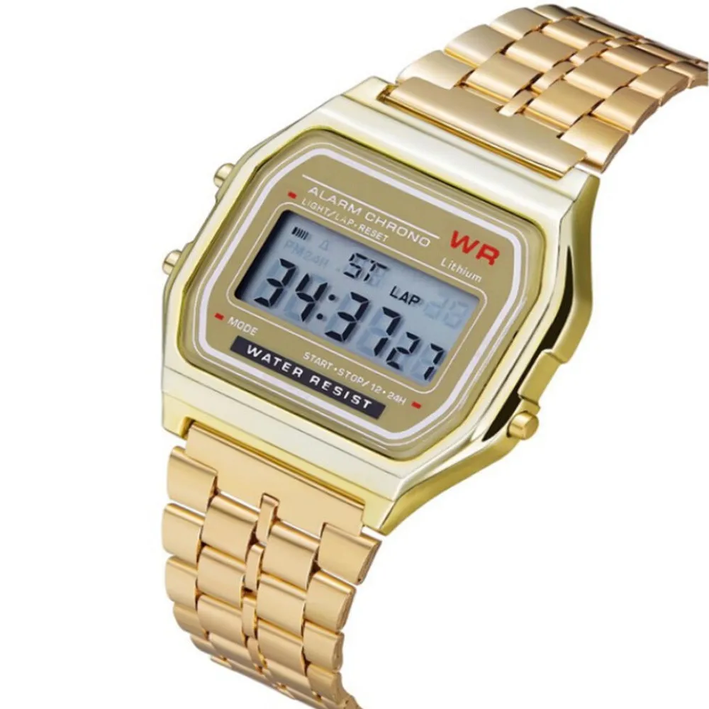 En venta Nuevo Vintage negocios Reloj de oro hombres clásico vestido de las mujeres de acero inoxidable alarma Digital LED Reloj resistente al agua Reloj de pulsera Reloj -20 znKYxbb9