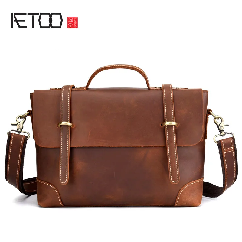 AETOO Leather retro men's bag casual postman portable briefcase shoulder slung European and American tide bag Crazy horse AETOO Leather retro men's bag casual postman portable briefcase shoulder slung European and American tide bag Crazy horse